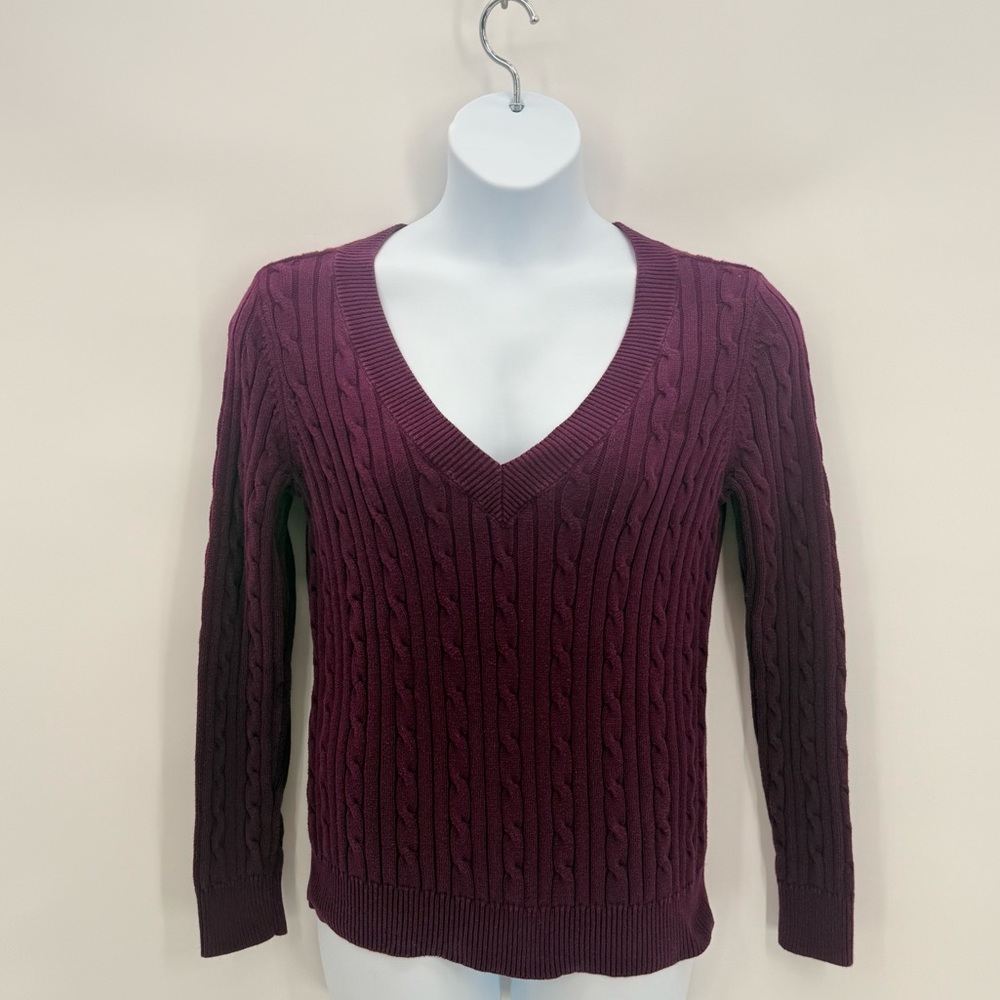 Chaps Cable Knit Sweater V-Neck Plum Purple Long Sleeve Soft Stretchy Top Large